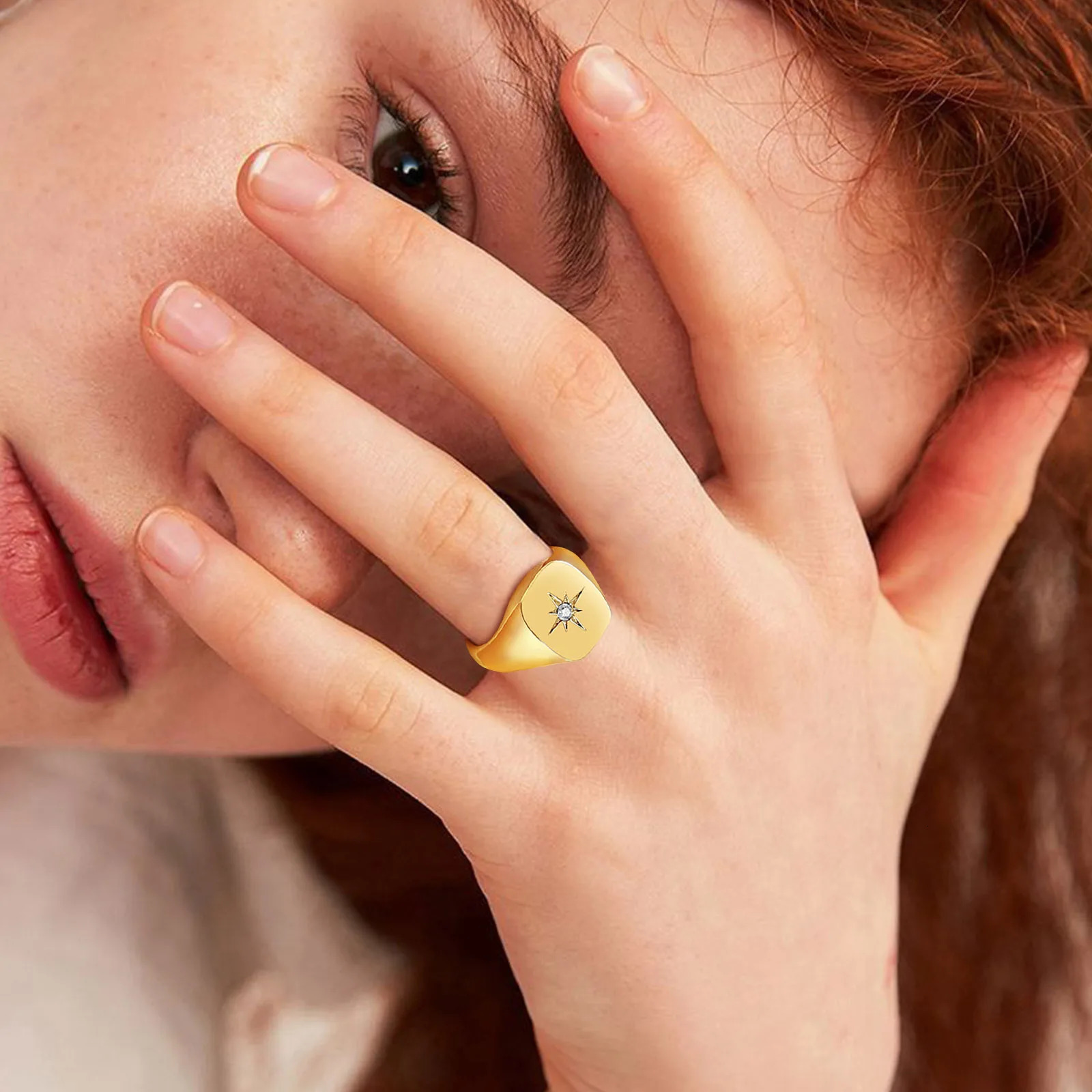 Women Fashion Star Signet Rings Gold Color Solid Metal Square Round Top Stamp CZ Stone Band Chic Boho Cool Jewelry 250610