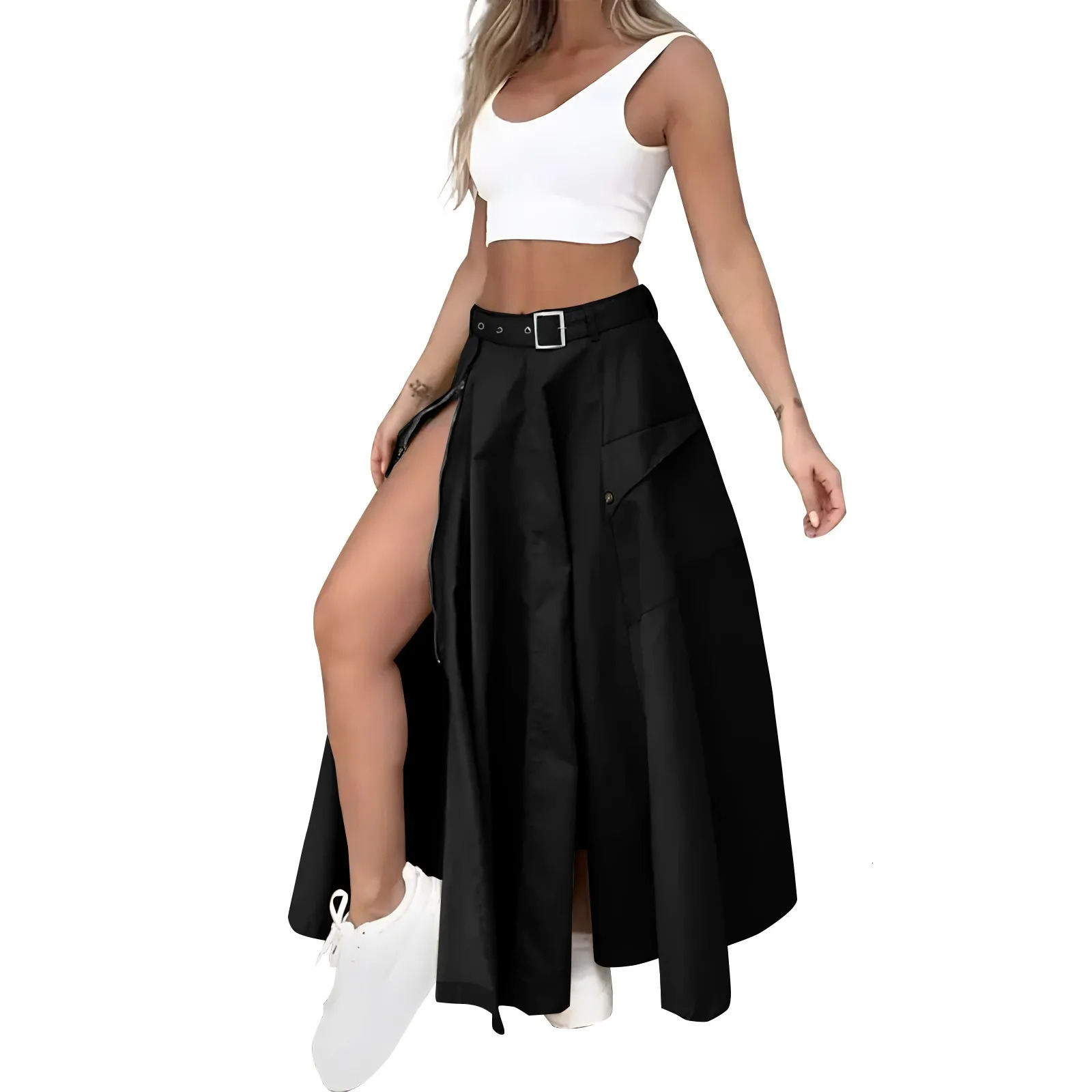 Women Striped Two Pieces Vest Tops Skirt Set Knit Solid Color V Neck Sleeveless Crop Tank Side Split Midi Skirts Sets 250609