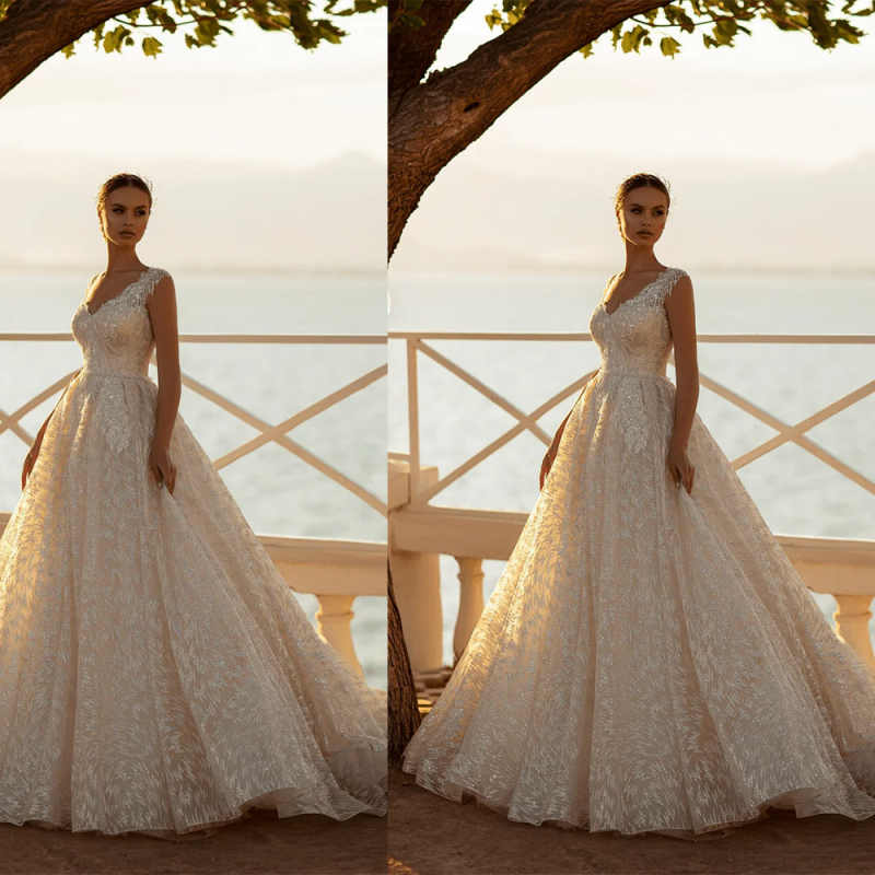 Exquisite Lace Wedding Dress A-Line Sleeveless Bride Gowns With Spaghetti Strap Full Floral Appliques Sweep Train Illusion New Gown Vestidos De Novia