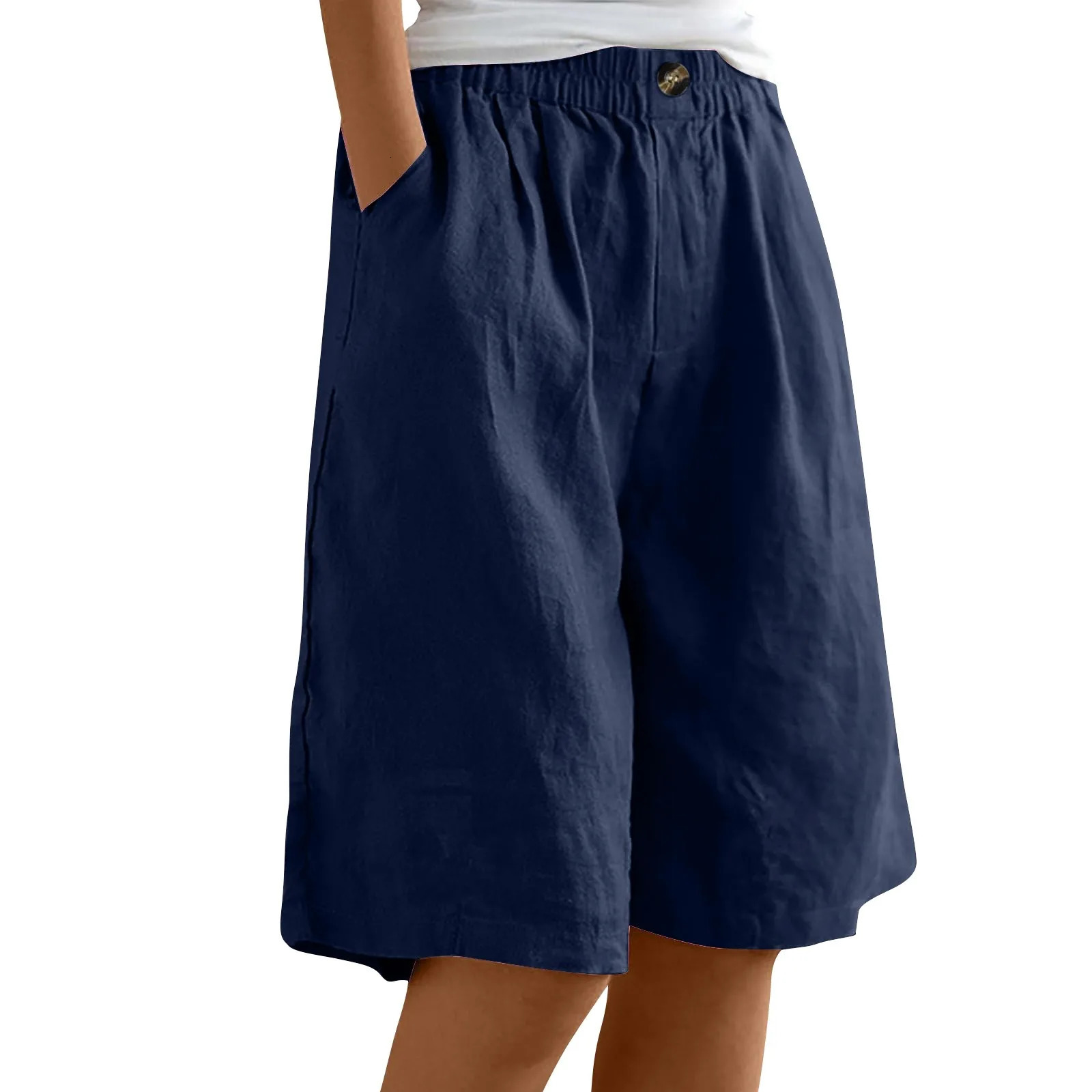 Womens Fashion Solid Color Pants Pocket Button Up Capris Loose Elastic Waist Cotton Linen Shorts 250614