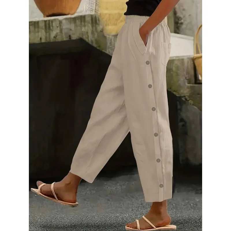 Plus Size 1XL-5XL Women Button Up Wide Leg Pants For Women Solid Color Cropped Cotton Pants Summer High Waist Baggy Sweat pantsXJ250616
