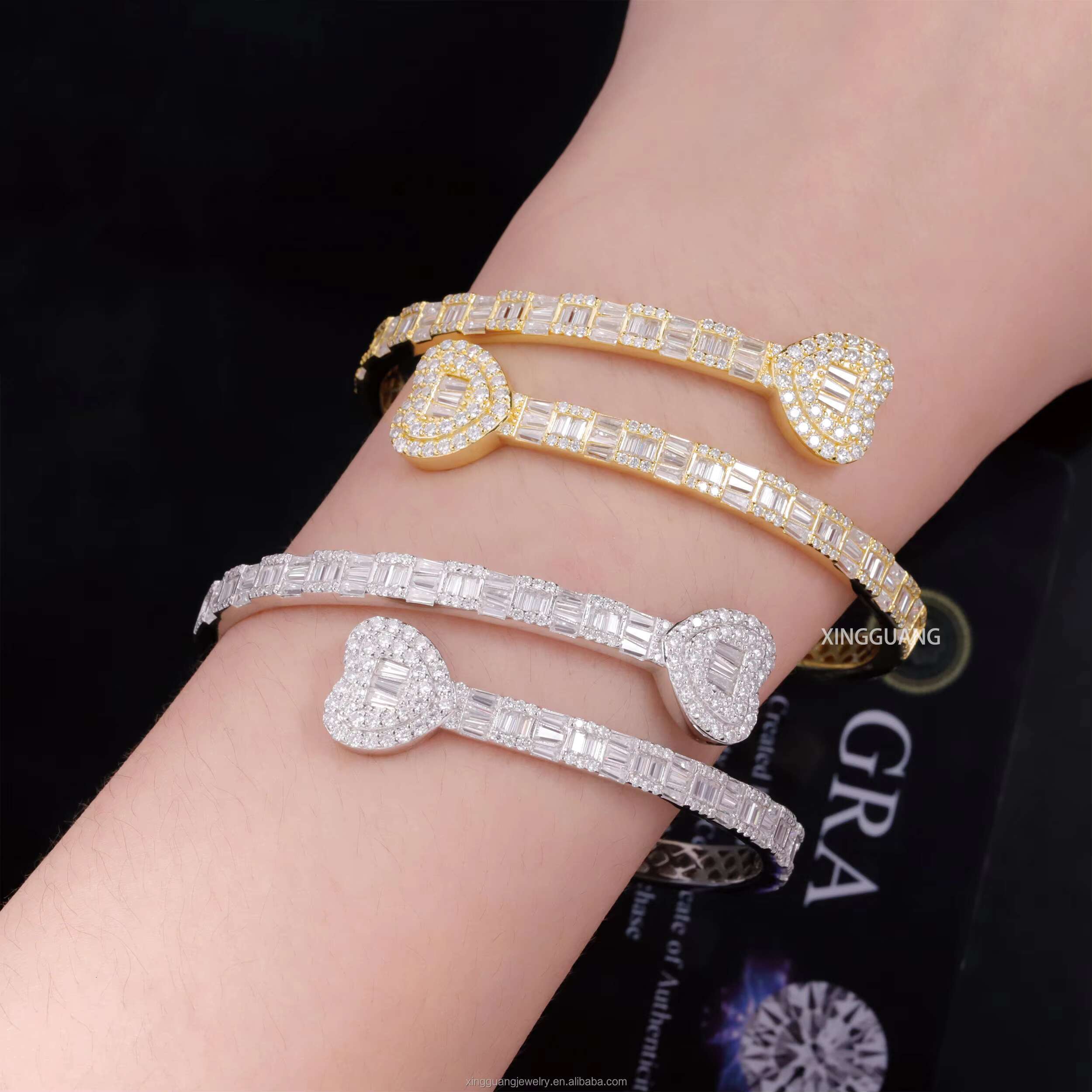 Fashion Women Heart Bangle Baguette Cut VVS Moissanite Diamonds S925 Sterling Silver Open Bangle Unisex Bracelet Jewelry