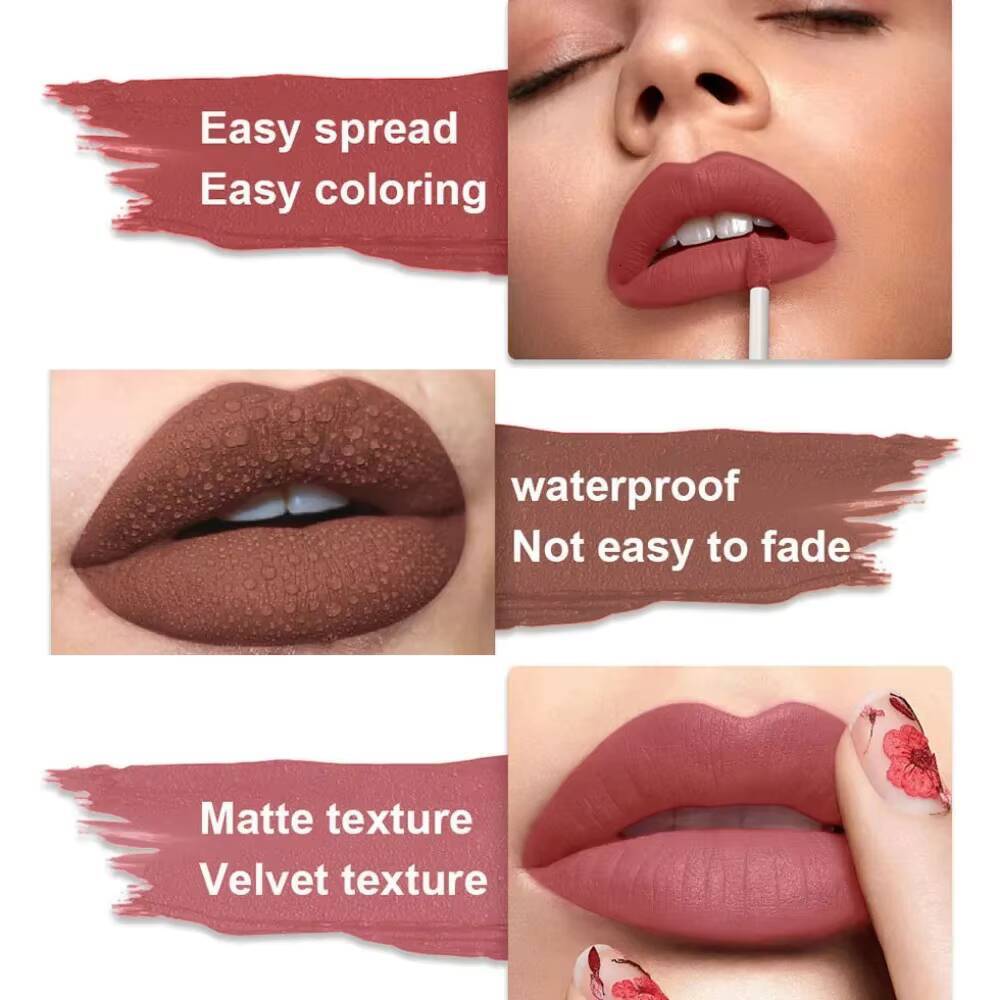 Dark Red Matte Velvet Gloss Nude Brown Lip Glaze Lasting Moisturizing Non-stick Cup Fading Waterproof Liquid Lipstick Makeup happy