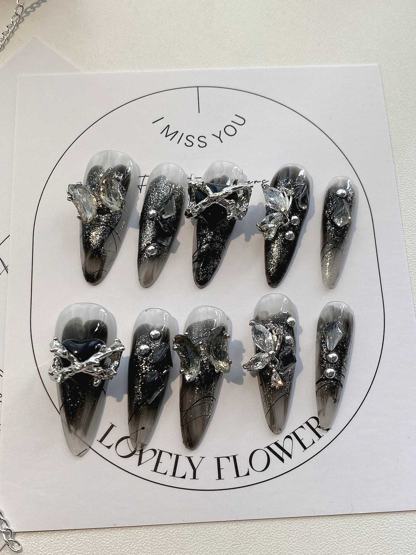 10-piece pressing long nails four-season manicure fake nails dark gothic manicure art DIY black pattern design black heart di R250616
