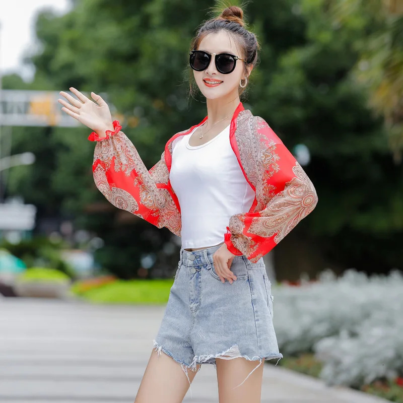 Women Summer Sun Protection Beach Shawl Print Flower Chiffon Sunscreen Riding Arm Shade Scarf Outdoor Cycling Driving Sleeve 250610