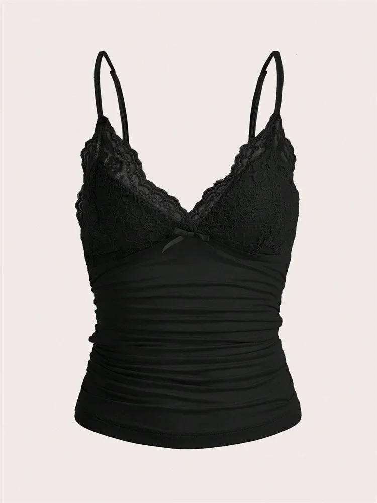 Sexy Contrast Lace Bow Front Crop Cami Top Women 2025 Summer Grunge Punk Y2K Clothes Ruched Skinny Backless Tee Shirt 250612