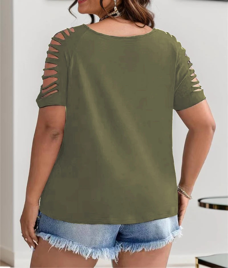 European and American Cross Border Plus Size Womens V Neck Casual Hollow Short SlEuropean and American cross-boreeved T Shirts 250614