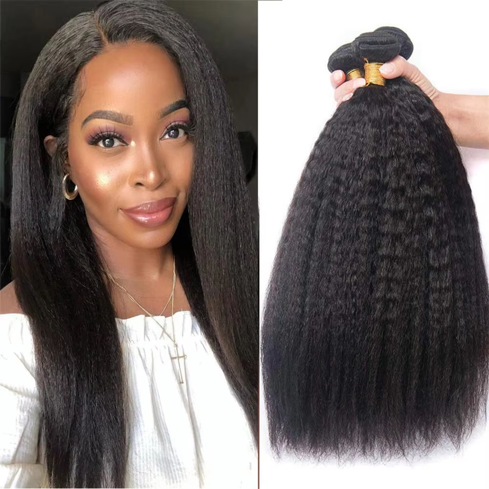 Kinky Straight Human Hair Bundels Brazilian Virgin 100% Unprocessed Yaki Straight Hair Double Weft Hair For Women Natural Color Yaki 1/3/4 Pcs Bundles