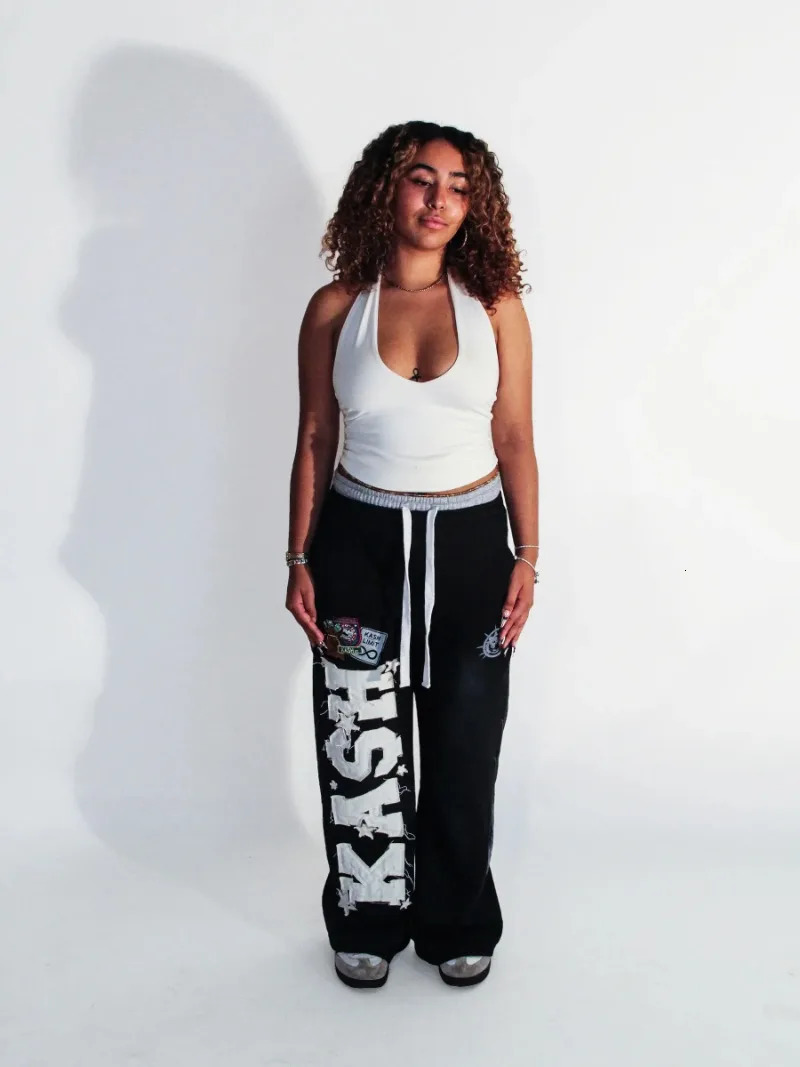 Y2K pants Harajuku double waist Embroidered patch Sweatpants vintage Men Wome Streetwear Hip Hop High waisted Wide Leg Pants 250612