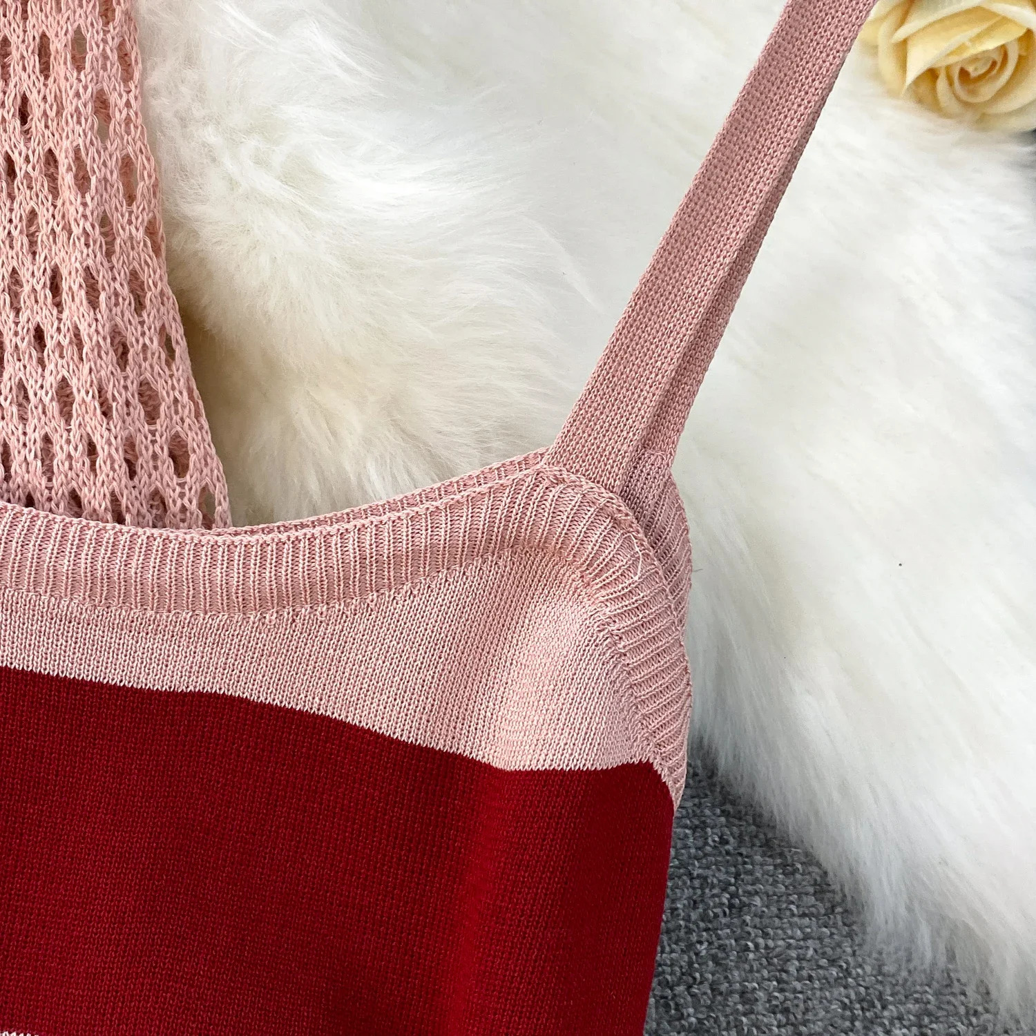 2025 Summer Women Hollow Out Knitted Solid Cardigan Tops Elatic Waist Bodycon Striped Strap Dress Two Pieces Sets 250609