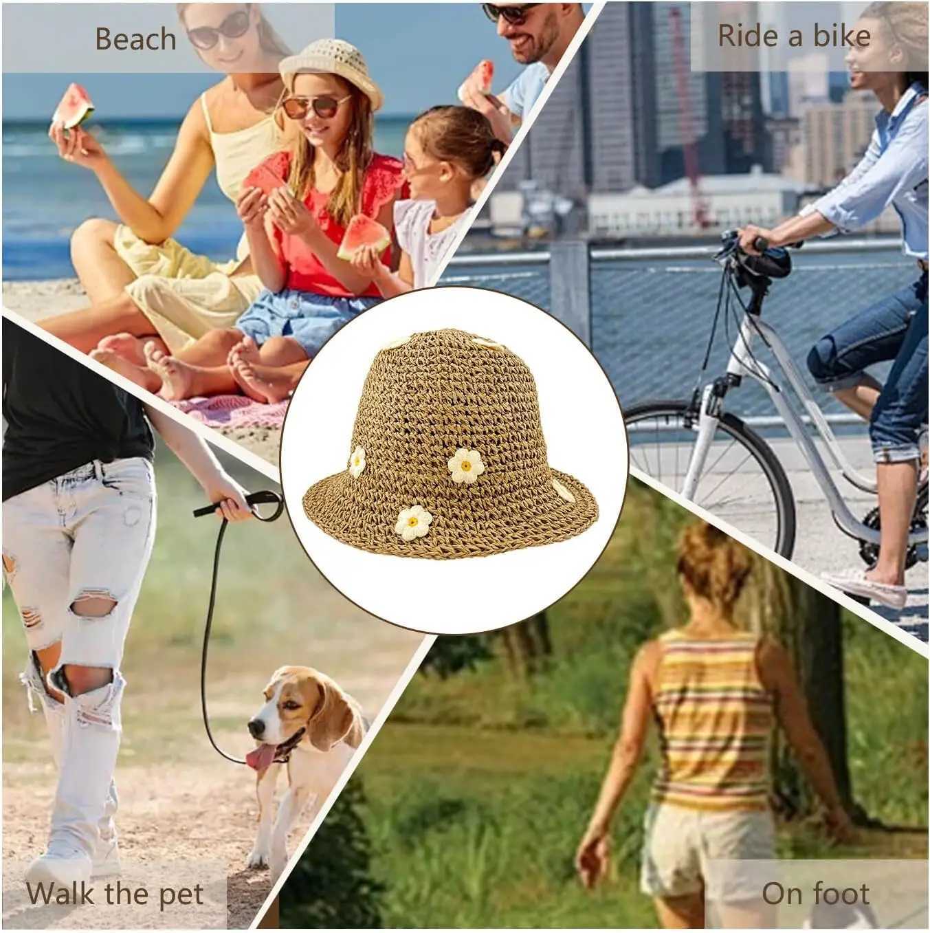 Womens Summer Flower-Embroidered Crochet Straw Bucket Hat - Foldable UV Protection Panama Sun Hat for Beach Travel M250616