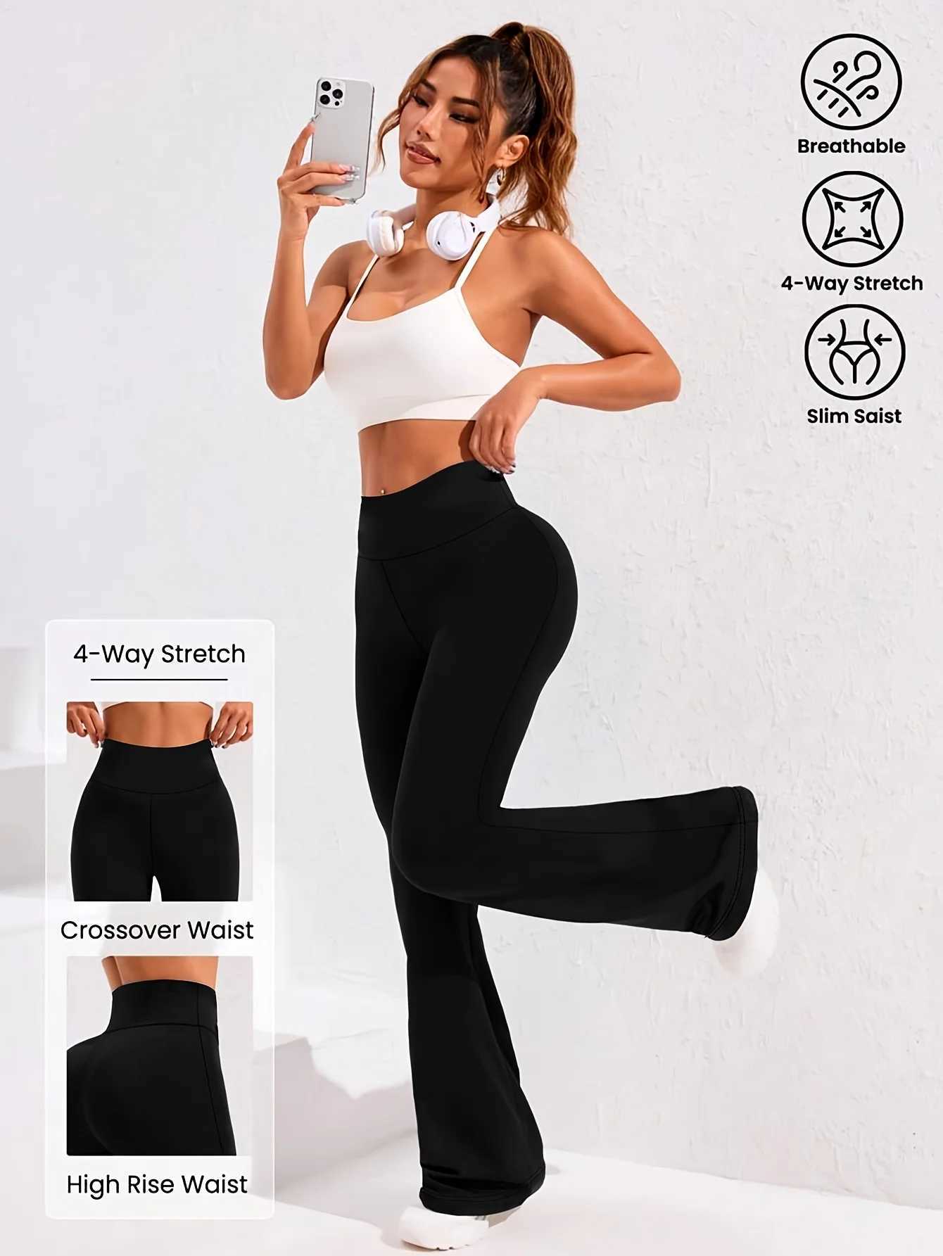 Womens casual elastic flared pants high waisted black wide leg pants suitable for spring and summer office wear XJ250616