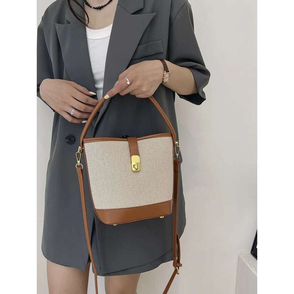 2025 Newest Hot Sales Women Casual Canvas Bucket Handbag Two Size Soft Leather Shoulder Bag for Lady