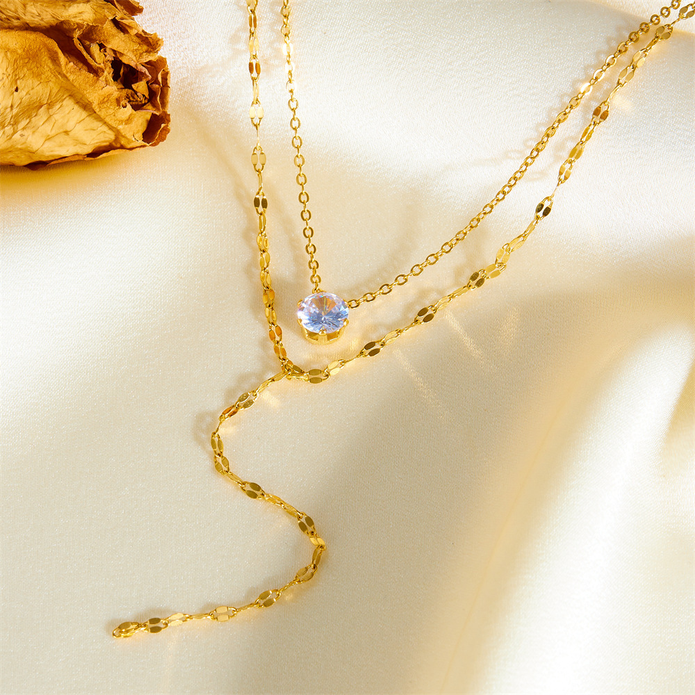 Fashionable Light Simple Elegant Six-Prong Zircon Double Layer Stacked Necklace for Women Titanium Steel Non-Fading Jewelry