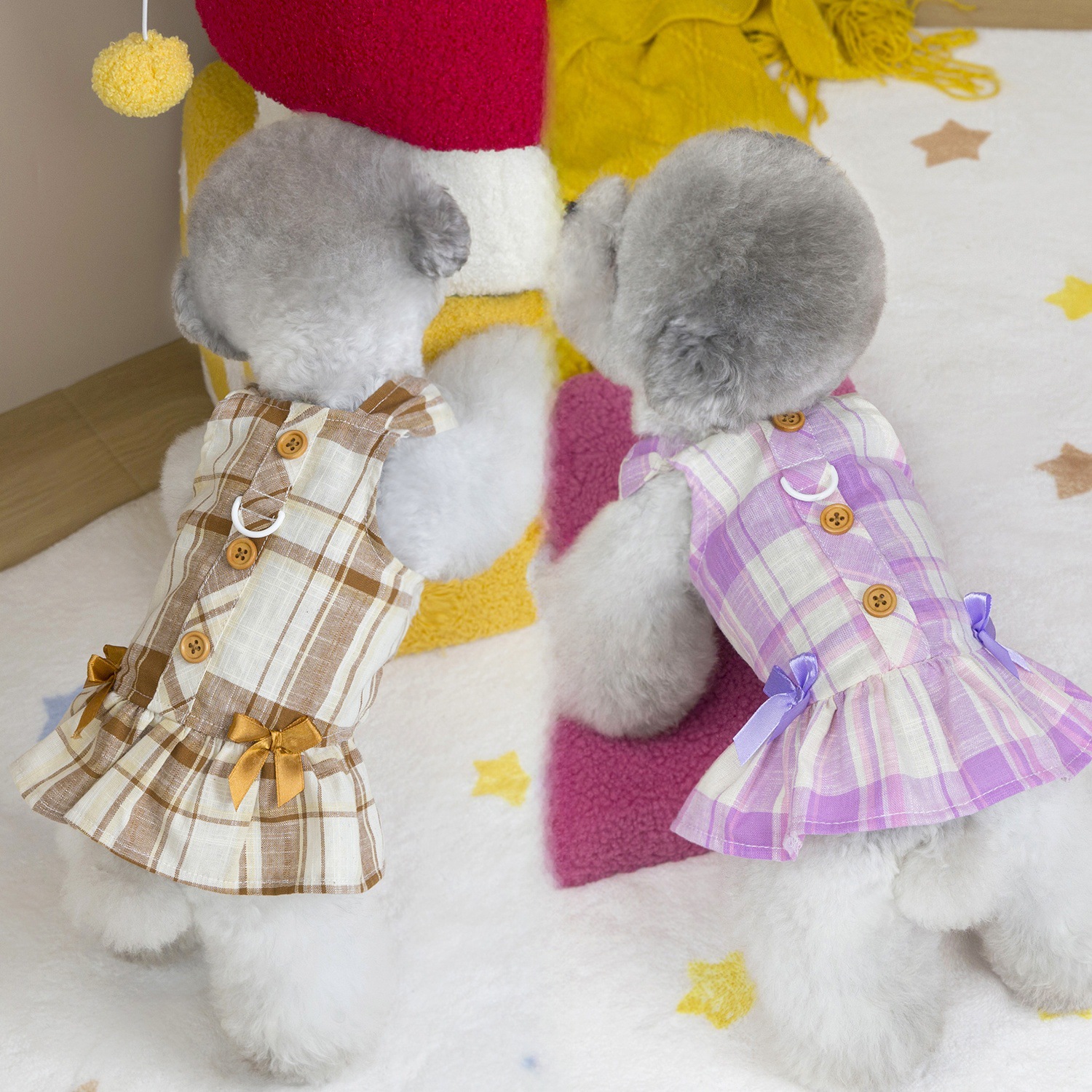 Dog Harness Dress with Leash D-ring, Sweet Cute Dog Dresses Puppy Checkered Clothes Polyester Breathable Summer Pet Doggy Outfits Princess Skirt M D94