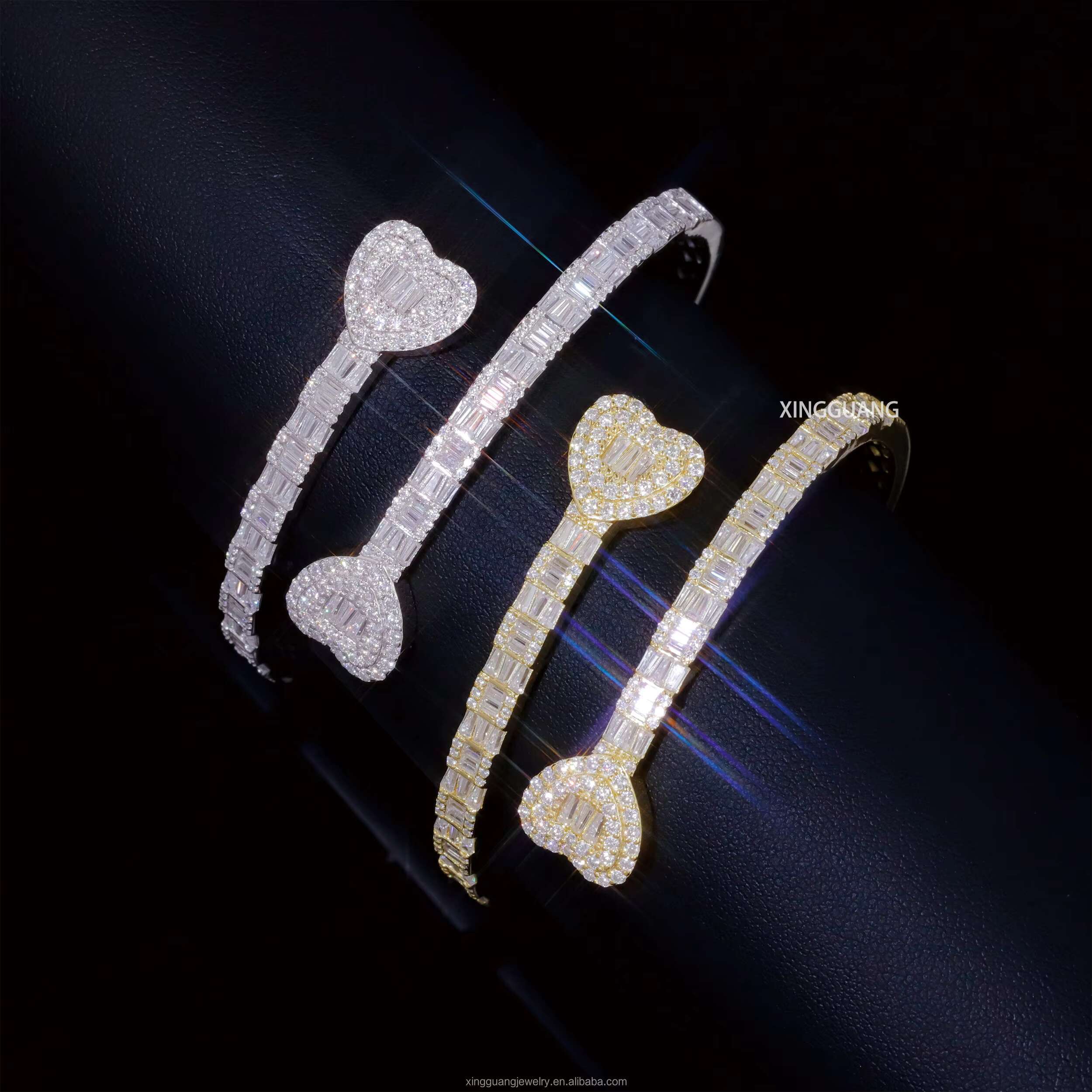 Fashion Women Heart Bangle Baguette Cut VVS Moissanite Diamonds S925 Sterling Silver Open Bangle Unisex Bracelet Jewelry