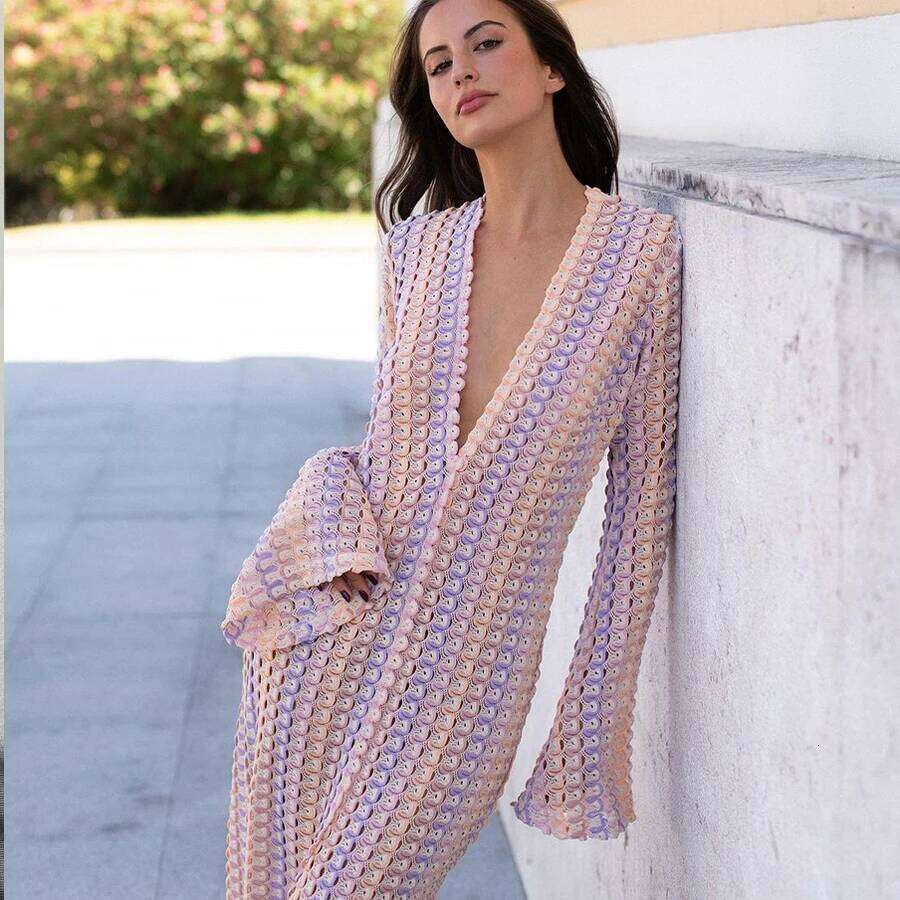 Para Praia Hollow Out Knitted Long 2025 Dress Bikini Swimwear Cover Ups Sexy Beach Outfits For Women Beachwear