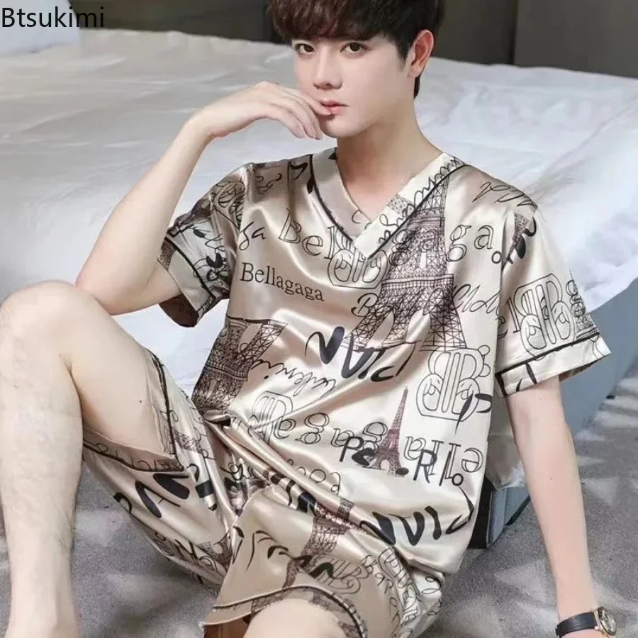 Summer Mens Pajamas Silk Satin Pullover Shorts Two Piece Set Sleepwear Male Pajama Home Clothes Nightwear Men Sleep Lounge 250614