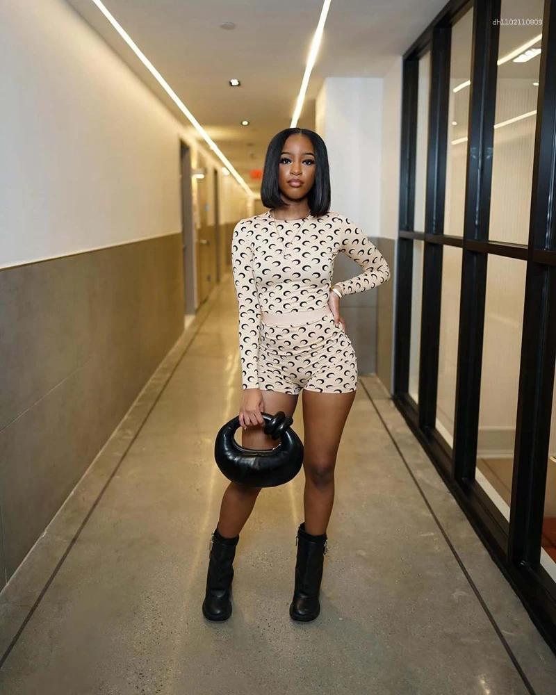 Women's Tracksuits STYLISH LADY Moon Printed Slim 2 Piece Set Women Long Sleeve Shirt And Shorts Suits 2025 Summer Sexy Club Party Elastic