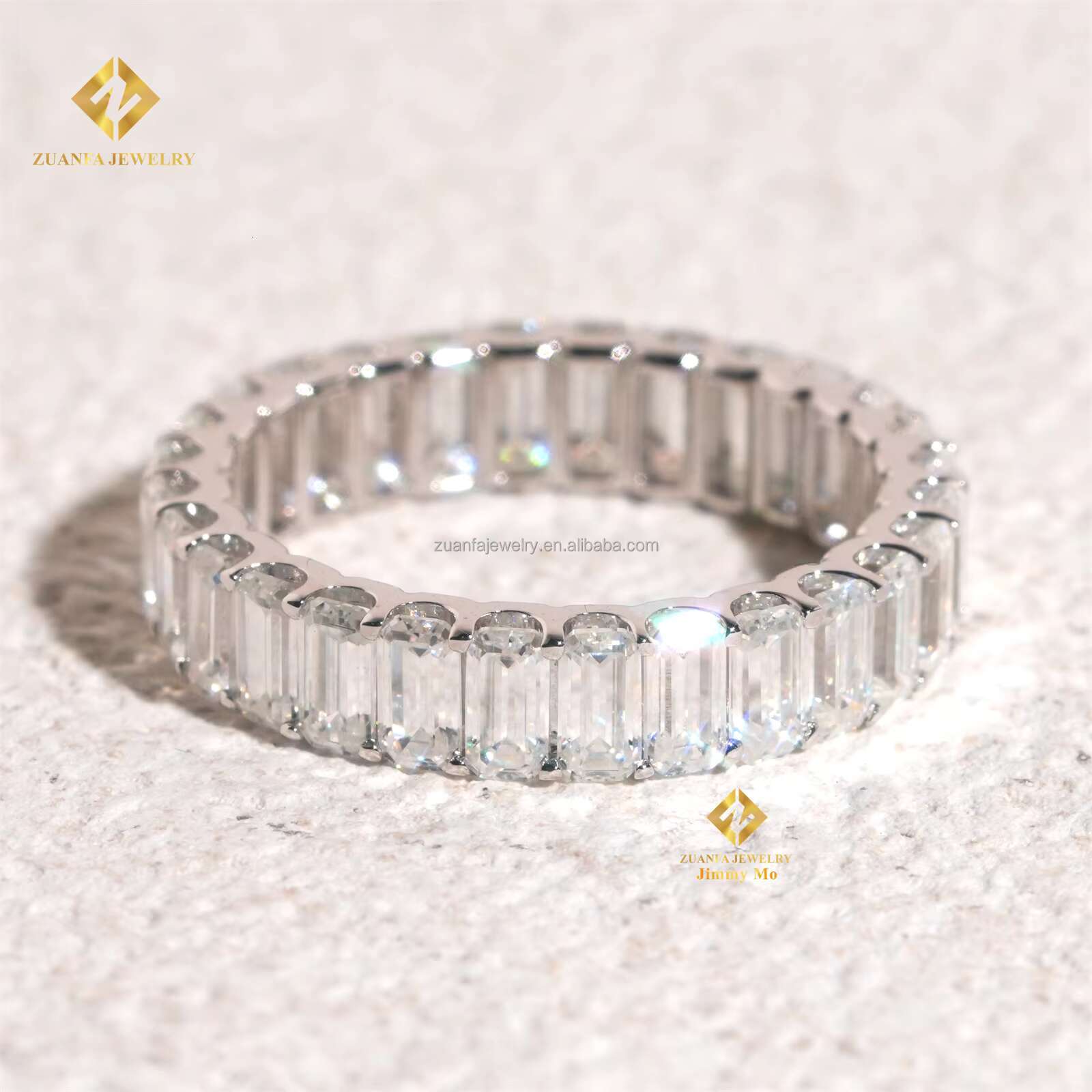 Retail Price Best Selling 925 Silver White Gold Plated Women Emerald Cut VVS Moissanite Diamond Eternity Band Engagement Rings