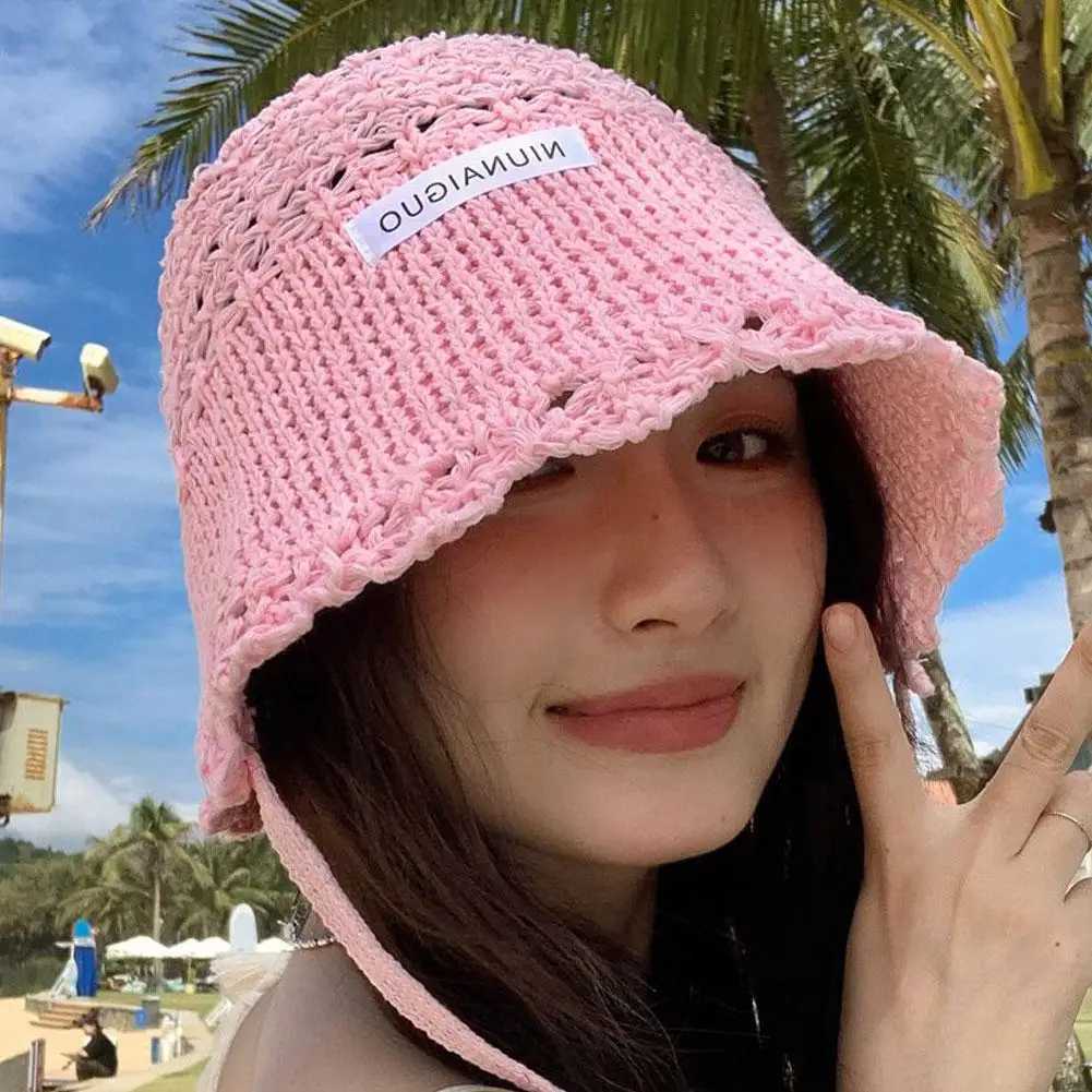 Korean Style Womens Fisherman Bucket Hat Breathable Lace-Up Sun Hat with Wide Brim Lightweight Knitted Summer Beach Hat M250616