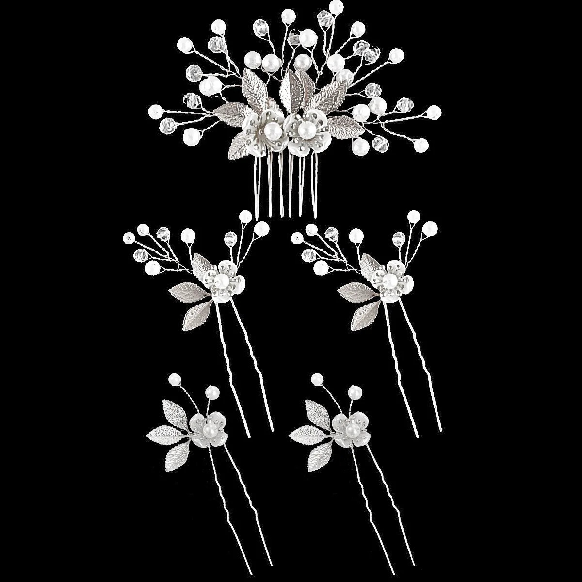 Wedding Pearl Flower Hairpin Side Comb Golden Leaf Alloy Tiaras Wedding Bride Insert Hair Clips Hair Jewelry Bride Headwear 5Pcs 250610