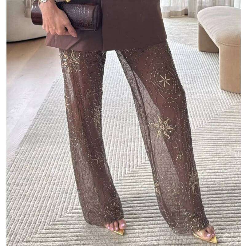 2025 Sequin Baggy Woman Beads Wide Leg For See Through Casual Pants Women Streetwear Fashion Trousers Womens