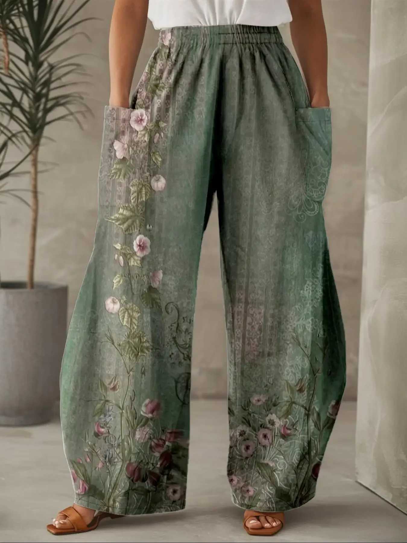 Plus Size 1XL-5XL Women Fashion Floral Printed Pleated Wide Leg High Waisted Pants Fe Casual Pocket Loose Long TrousersXJ250616