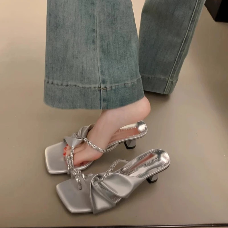 Open Toe Rhinestone Slides Heeled Sandals Fashion Low Price Woman Slippers er 39 On Sale Casual Shoes for Women 250614