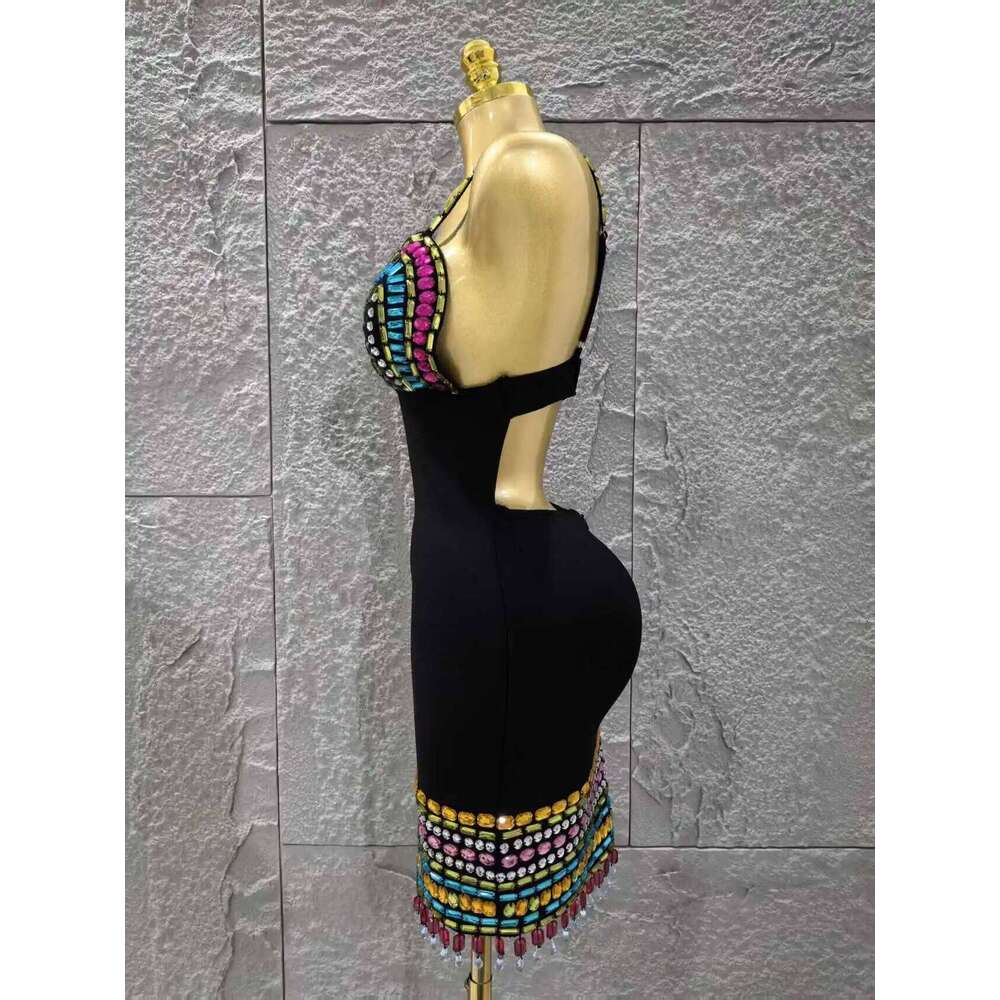 Black Color Women Sleeveless Sexy V-Neck Bodycon Mini Bandage Colorful Crystal Celebrate Nightclub Party Red Carpet Dress