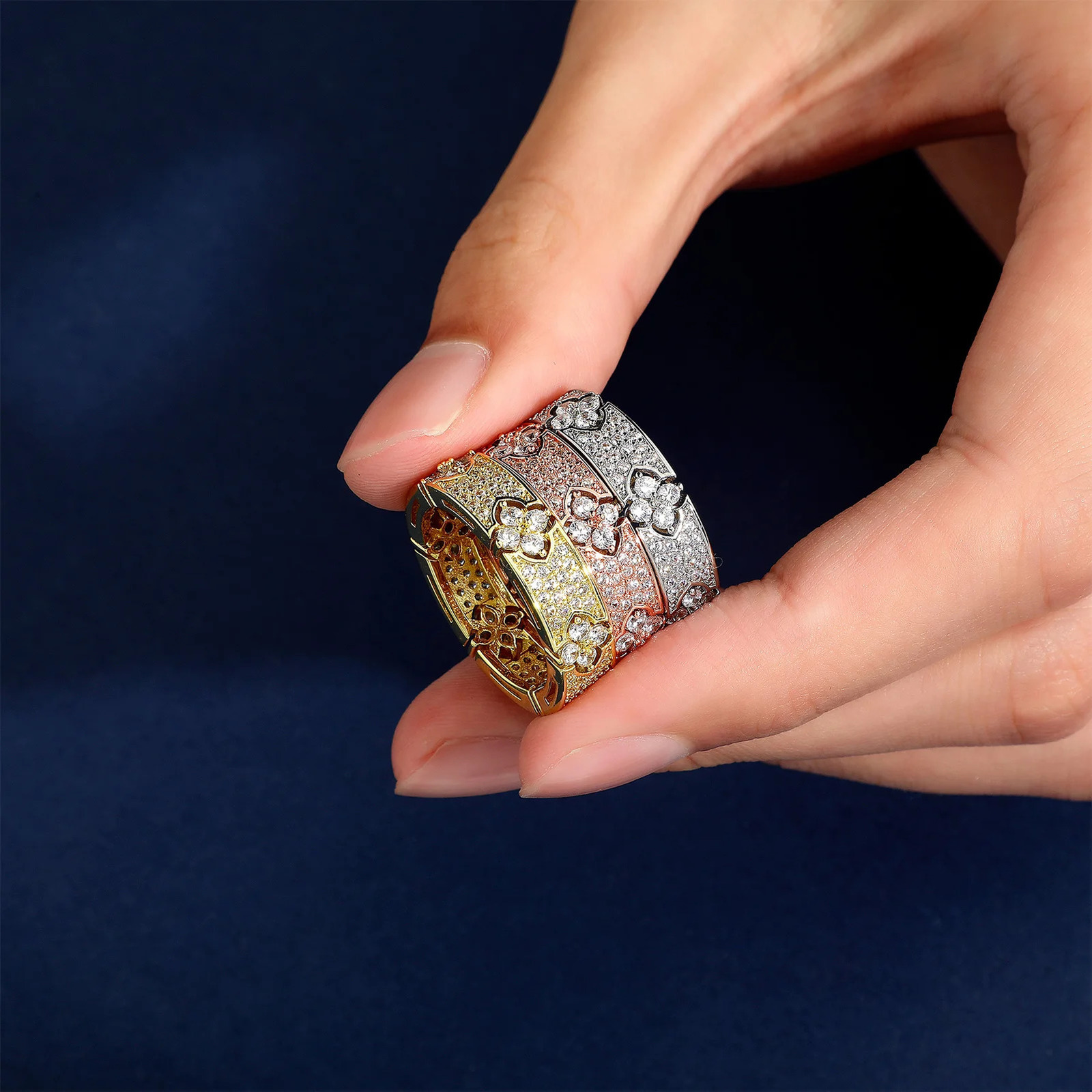 TOPGRILLZ 6MM Iced Out Four Leaf Flower Ring Full Micro Pave Bling Cubic Zirconia Round Engagement Wedding Rings for Women Men 250610