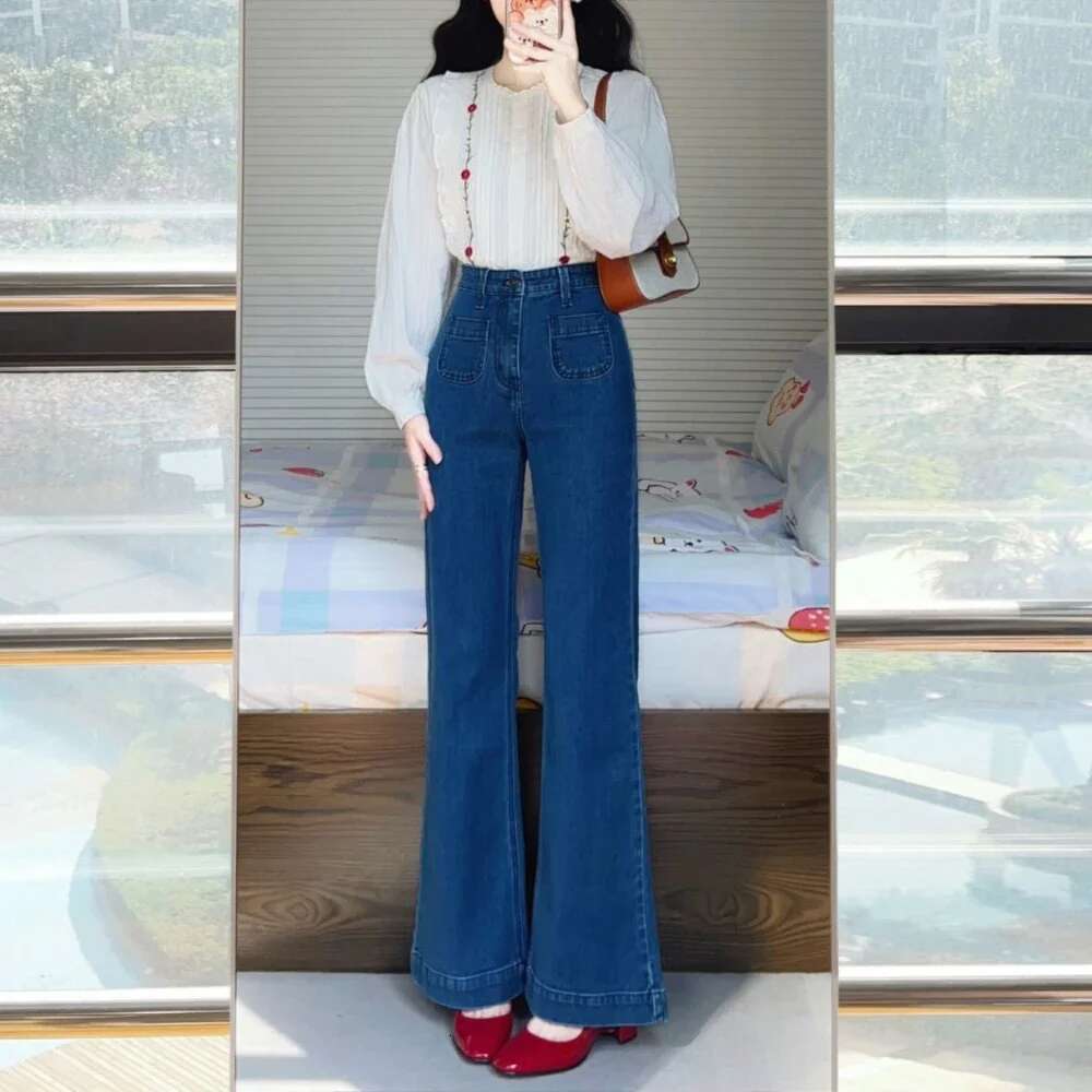 Womens Jeans Straight Leg Blue High Waist Shot Trousers with Pockets Pants for Women Stretch Baggy Grunge Y2k Korean Fashion A R