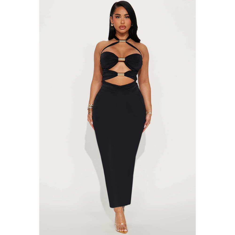 Women's New Style Personality Hollow Metal Tube Patchwork Color Block Bowknot Halter Jumpsuit Shorts B5