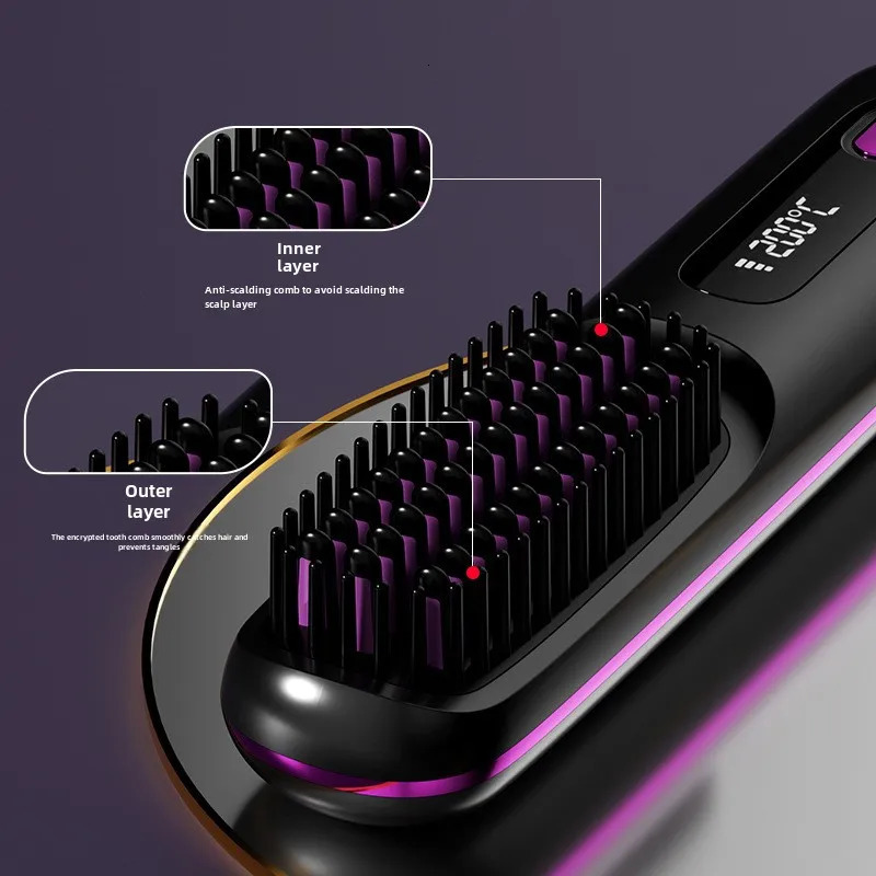 LCD Straight Hair Comb Portable Travel Straightener AntiScald Heated Styling Brush USB Charging Cordless 250606