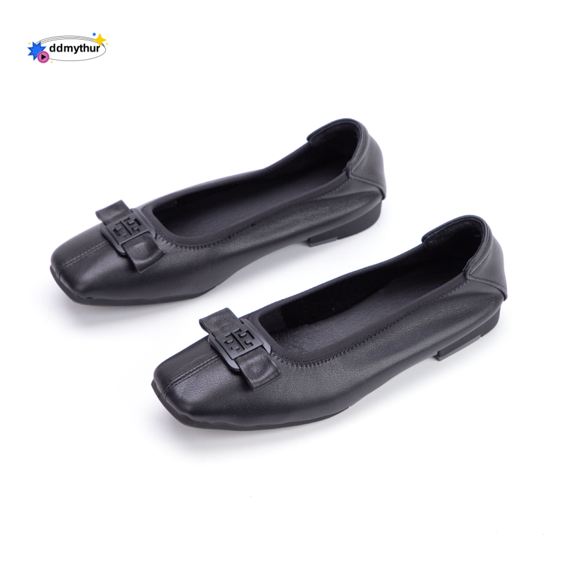 Sole Soft Surface Top Layer Cowhide Single Square Toe Bowknot Flat Spring Shallow Mouth Large Size Genuine Leather Women's Shoes