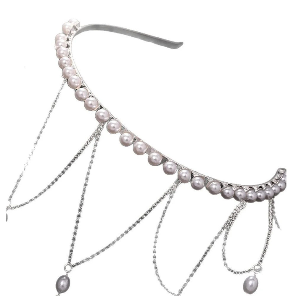 Stonefans Long Tassel Mesh Headband for Woman Press with Stones Elegant Pearl Headbands for Girls Wedding for Bride 250610
