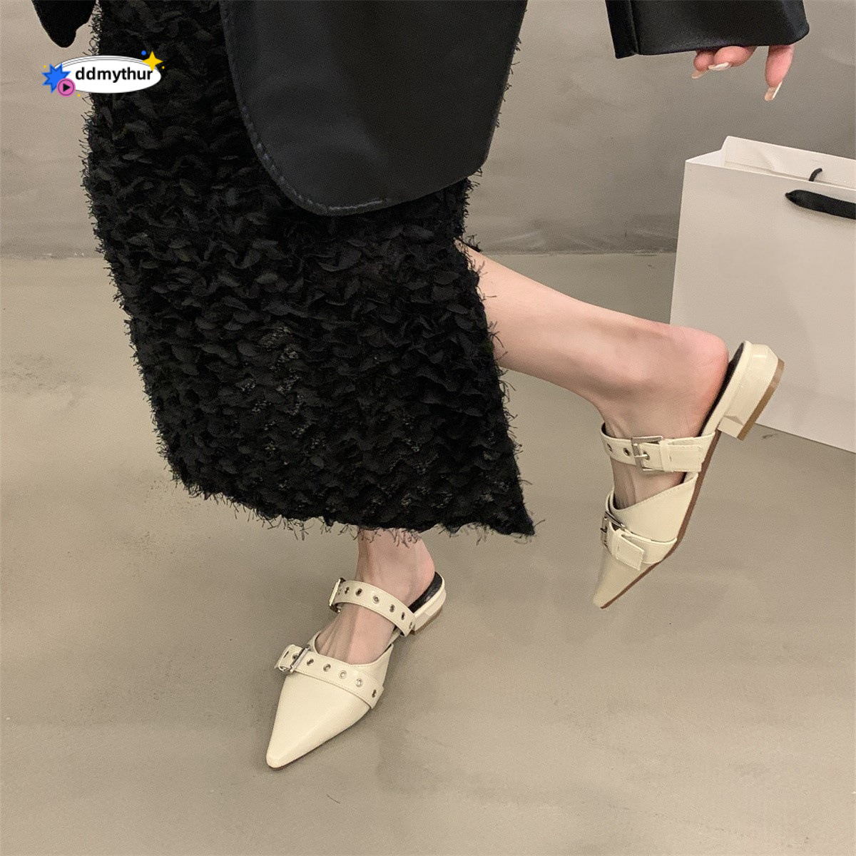 Chunky Heel Closed Mules for Women, New Spring/Summer 2025 Style, Pointed Toe with Belt Buckle, Black Single Shoes ddmythur