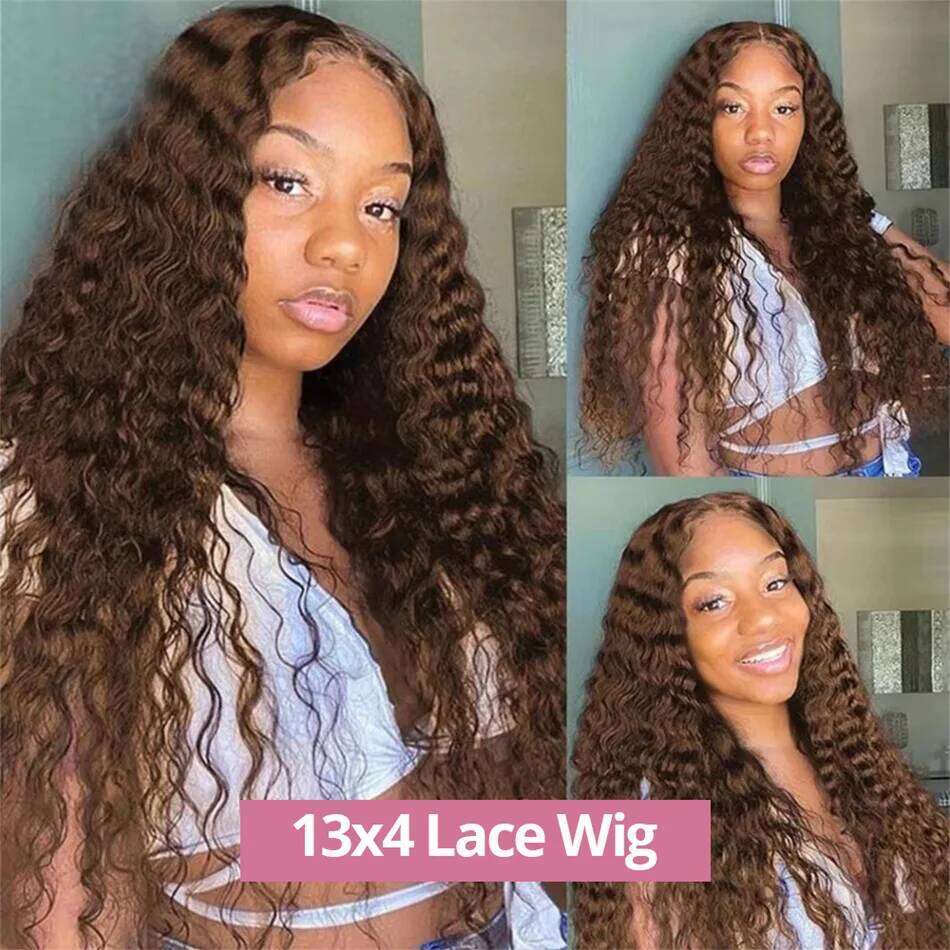 Chocolate Brown 13x6 HD Front 100% 13x4 Curly Human Hair Wigs Deep Wave 30 Inch Lace Frontal Wig