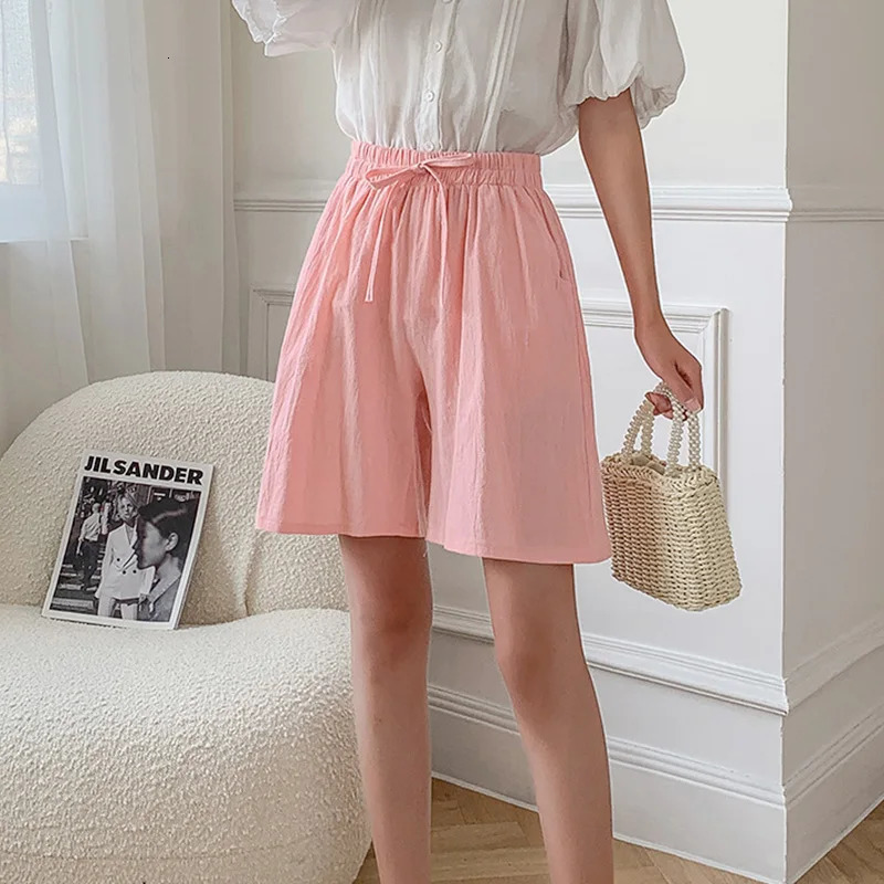 Womens Korean Cotton Linen Casual Shorts Summer Fashion Solid Elastic Waist Fifth Pants Comfortable Breathable Bikers Shorts 250614
