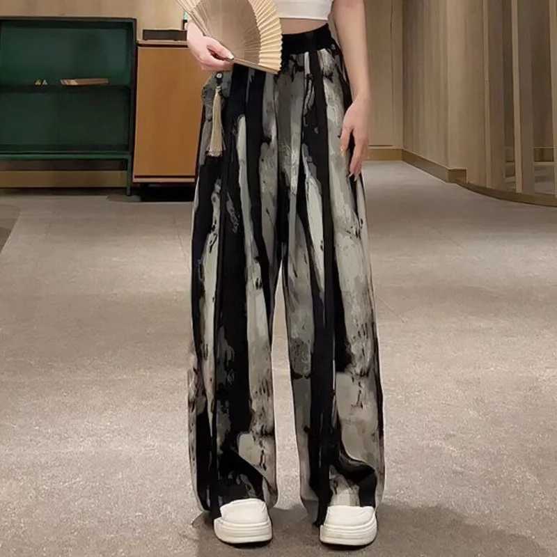 Womens Thin Casual Ice Silk Chiffon Wide Leg Pants 2025 Summer New Style Strap Drop Straight Tube Floor Trousers Korean WomenXJ250616