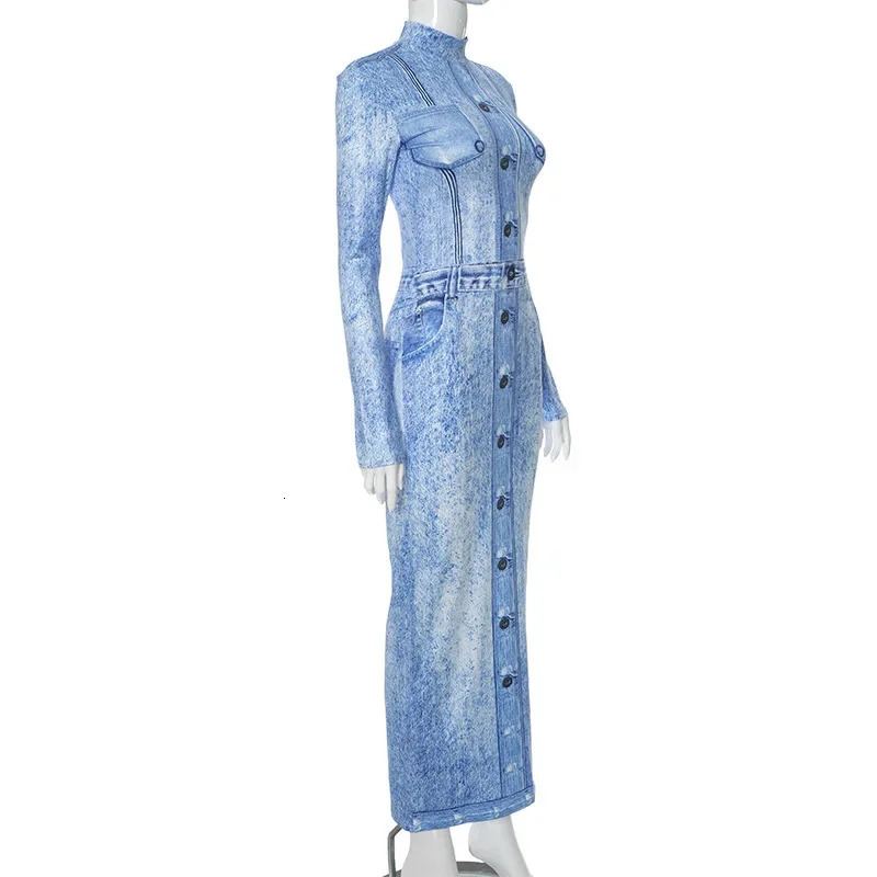 Women Long Sleeve Oneck Jean 3d Printed Bodycon Midi Maxi Dress 2023 Sexy Clubwear Evening Party Dresses Vestidos 250616