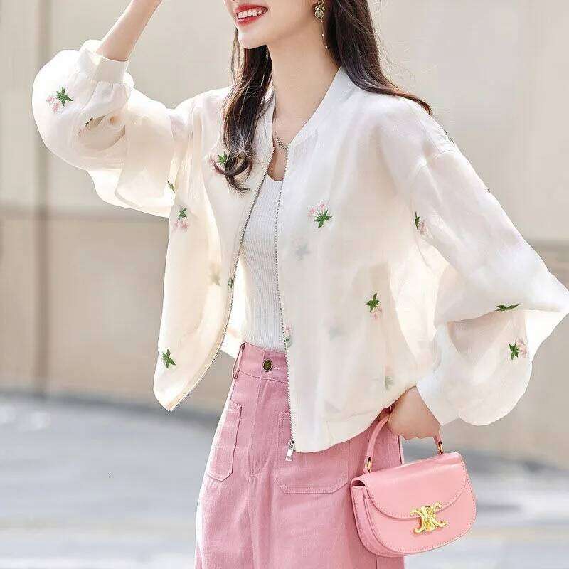 Women Spring Summer Korean Fashion Embroidered Solid Color Stand-Up Collar Coat Ladies Simplicity All-Match Office Lady Tops