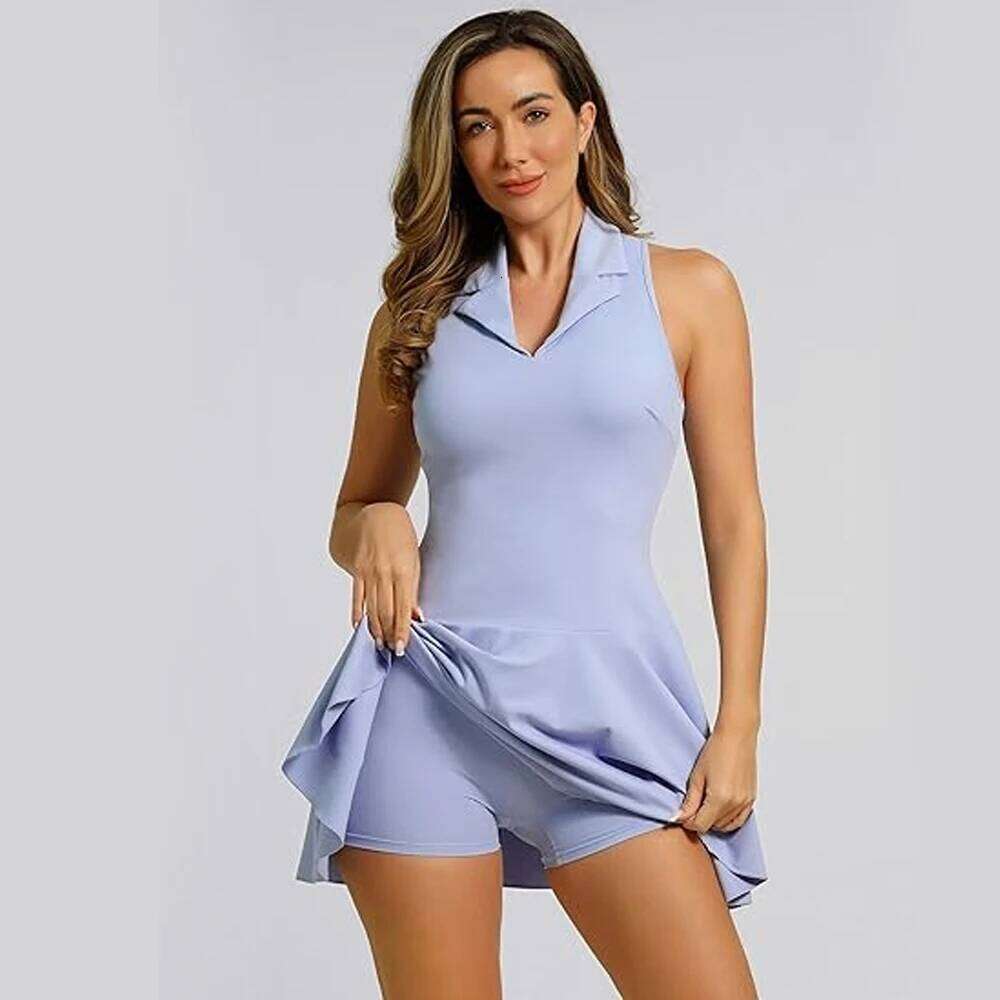 Women Tennis Solid Color Lapel Slim Fit Running Skirt Breathable Quick Dry Golf Dress Yoga Wear Workout Clothes