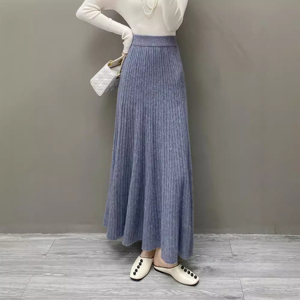 XR190 Women's Autumn and Winter Knitted Cashmere Pleated Skirt Solid Color Warm A-line Knitted Skirt