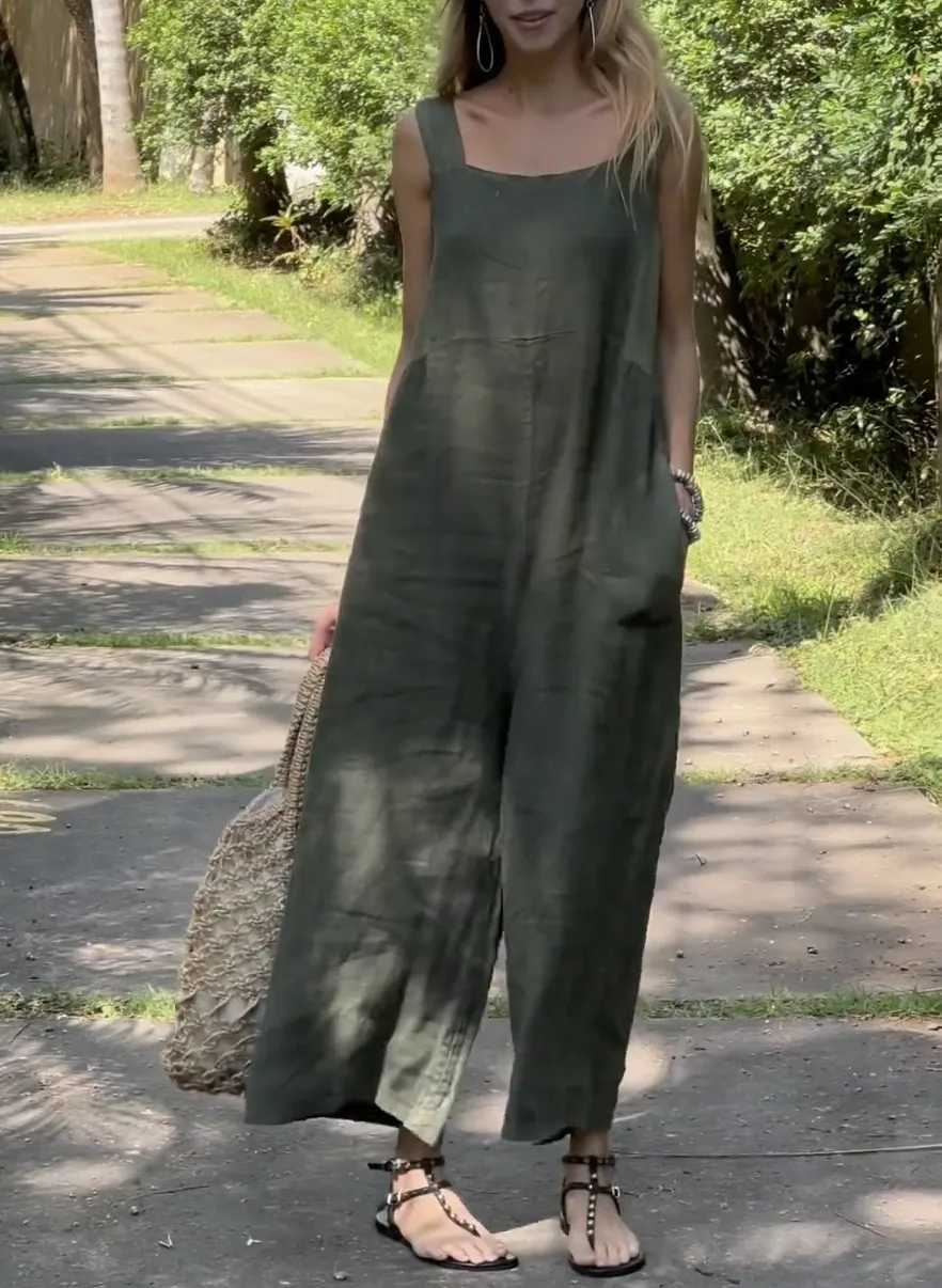 Summer Cotton Linen Oversize Jumpsuits Women Overalls Square Collar Sveless Loose Overalls Fe Casual Trendy Lady ClothesXJ250616