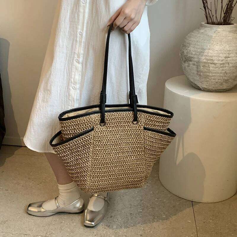 MOODS Straw Fabric Shoulder Tote Bags For Women Summer Beach Travelling Shopper Totes Big Capacity Designer Handbags