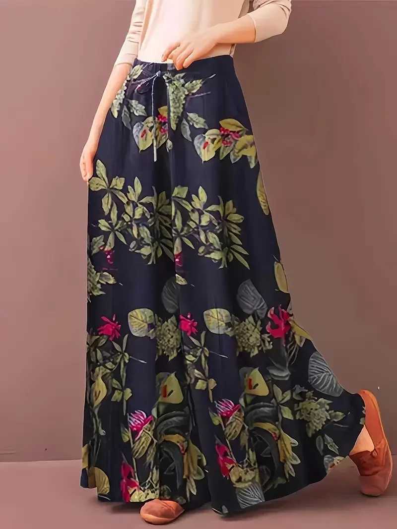 Plus Size 1XL-5XL Women Fashion Ele Floral Print Wide Leg Pants Ladies Casual Loose Fit Long Trousers with PocketsXJ250616