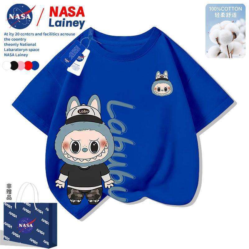 NASA Labubu Children's Short Sleeve Boys and Girls Summer New Cartoon Print T-Shirt Top