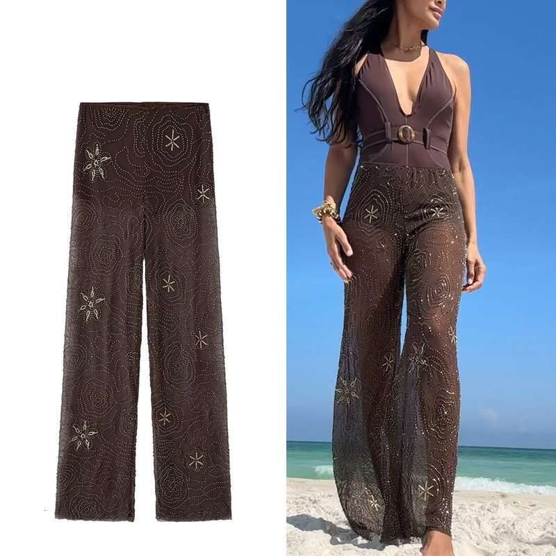 2025 Sequin Baggy Woman Beads Wide Leg For See Through Casual Pants Women Streetwear Fashion Trousers Womens