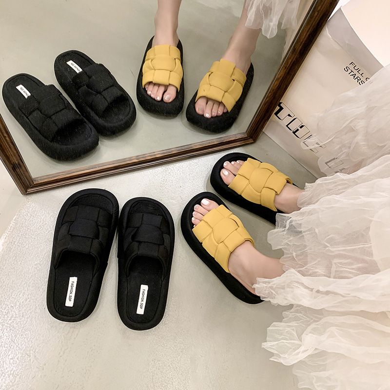 Ddmysports Thick Woven Slippers For Women Outdoor Wear Summer New Flat One Word Casual Soft Sole Versatile Sandals Outdoor Shoes